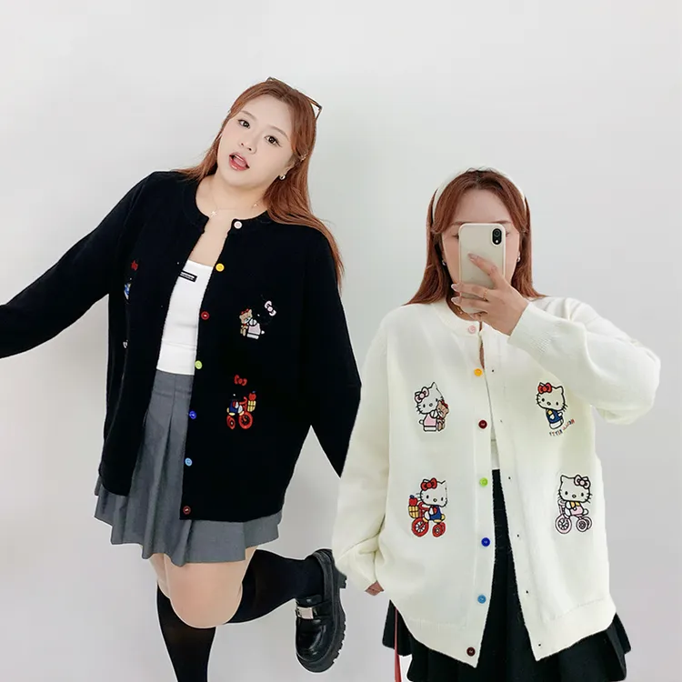 Milu家大码女装秋季卡通刺绣宽松慵懒针织开衫毛衣胖mm显瘦上衣潮