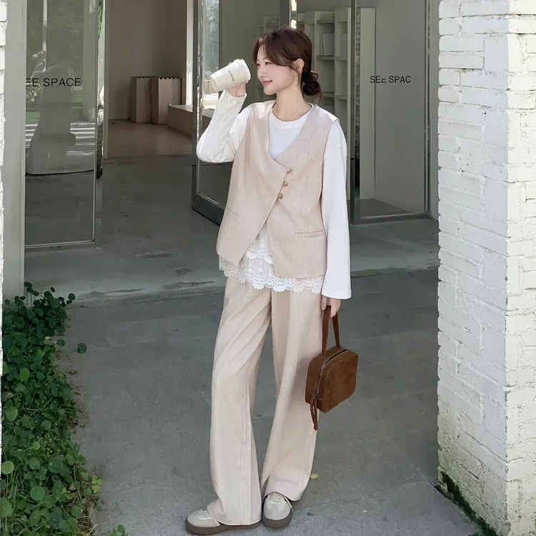 气质老钱风V领马甲套装女2025年秋季新款韩系蕾丝T恤阔腿裤三件套