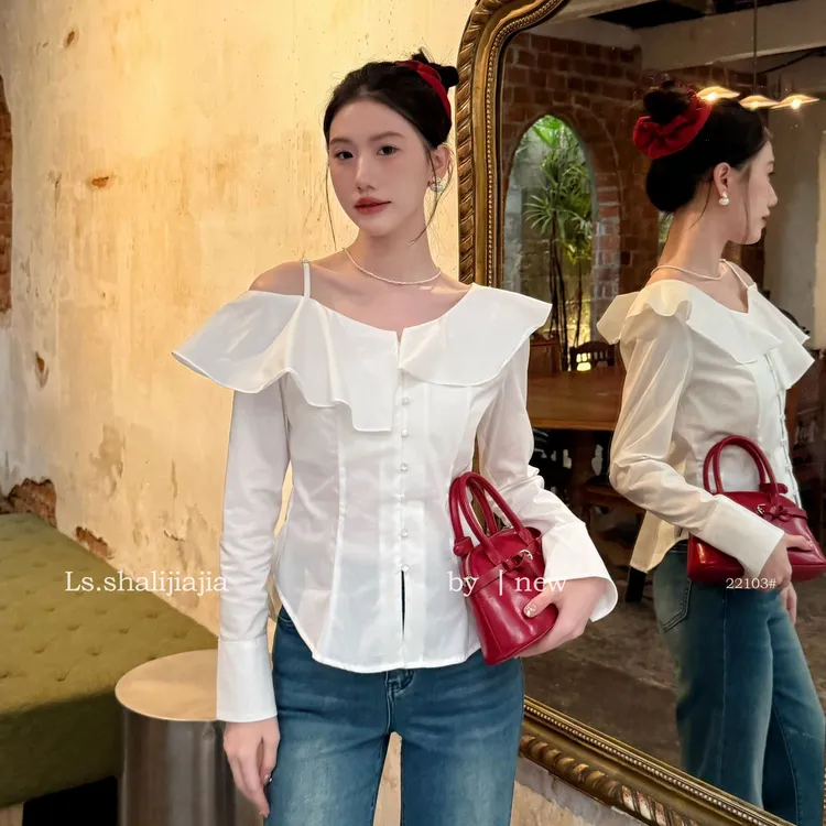 LS法式甜美斜肩纯色衬衫上衣女广州十三行2025年春季新品百搭女装
