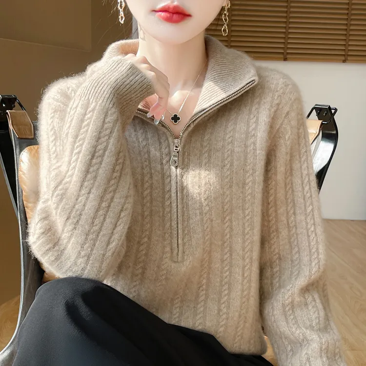 设计感满满~秋冬新款羊毛衫时尚厚款毛衣半拉链翻领气质针织衫女
