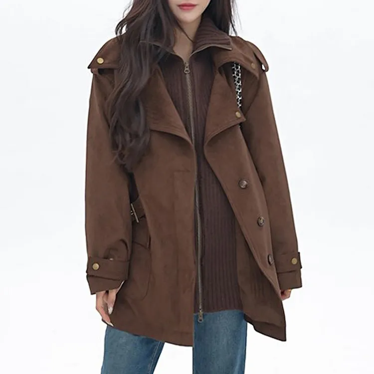 2025新款拼接加厚立领风衣女士宽松廓形收腰中长款棉服女冬季大衣