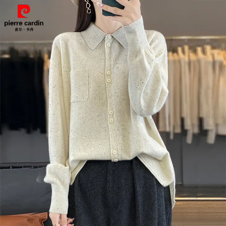 皮尔卡丹秋冬新款100%纯羊毛女POLO领针织开衫宽松休闲毛衣外套外