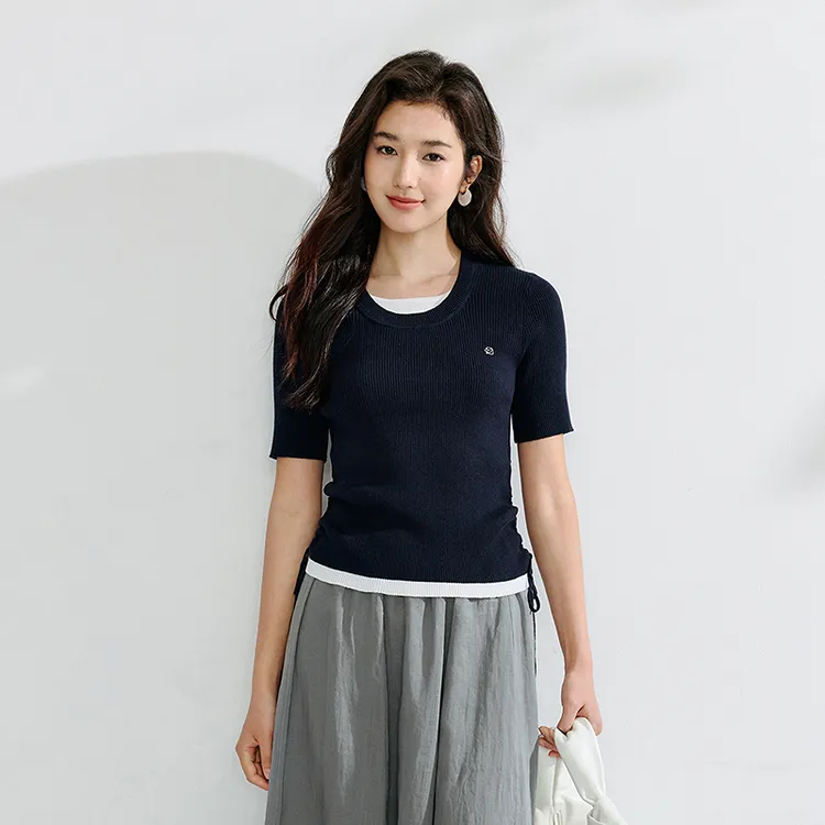 【商场同款】茵曼2025夏季早秋撞色圆领抽绳薄针织衫时尚短袖上衣