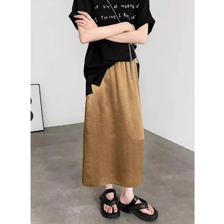 醋酸缎面半身裙女夏季高腰垂感a字裙高级感流光中长款开叉包臀裙