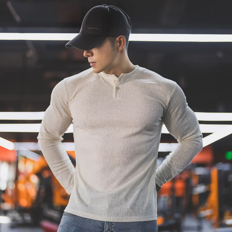 秋季新款运动长袖男士亨利领修身显大硬汉休闲训练健身打底衫t恤