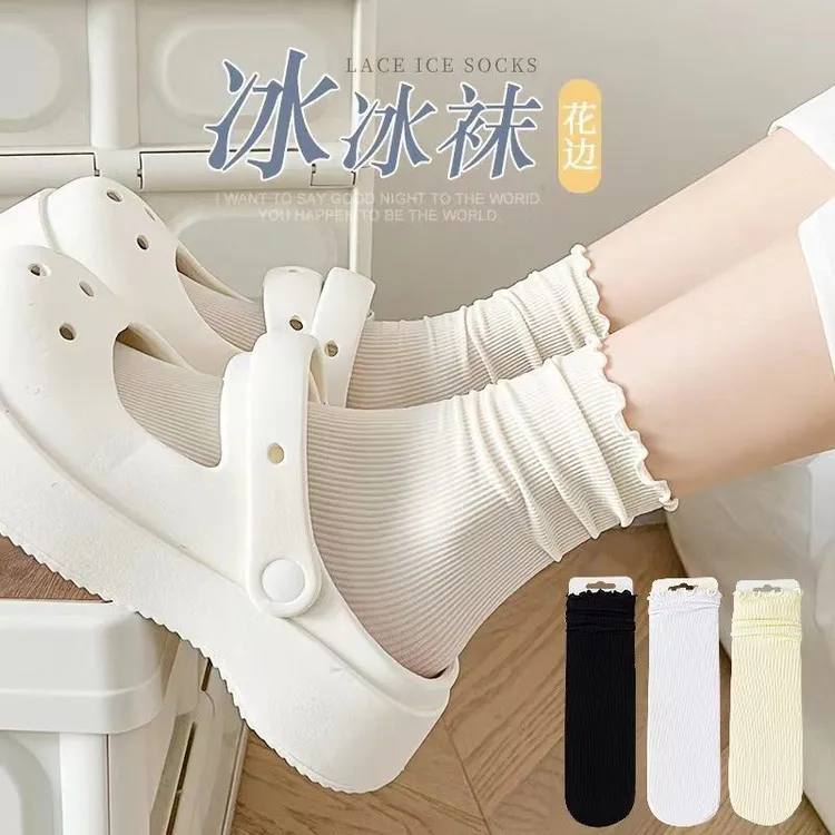 袜子女中筒夏季薄款冰冰袜花边袜白色天鹅绒夏天长袜木耳边堆堆袜