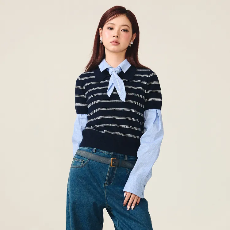 lefame拉飞姆2025冬季新款条纹假两件拼接上衣女士