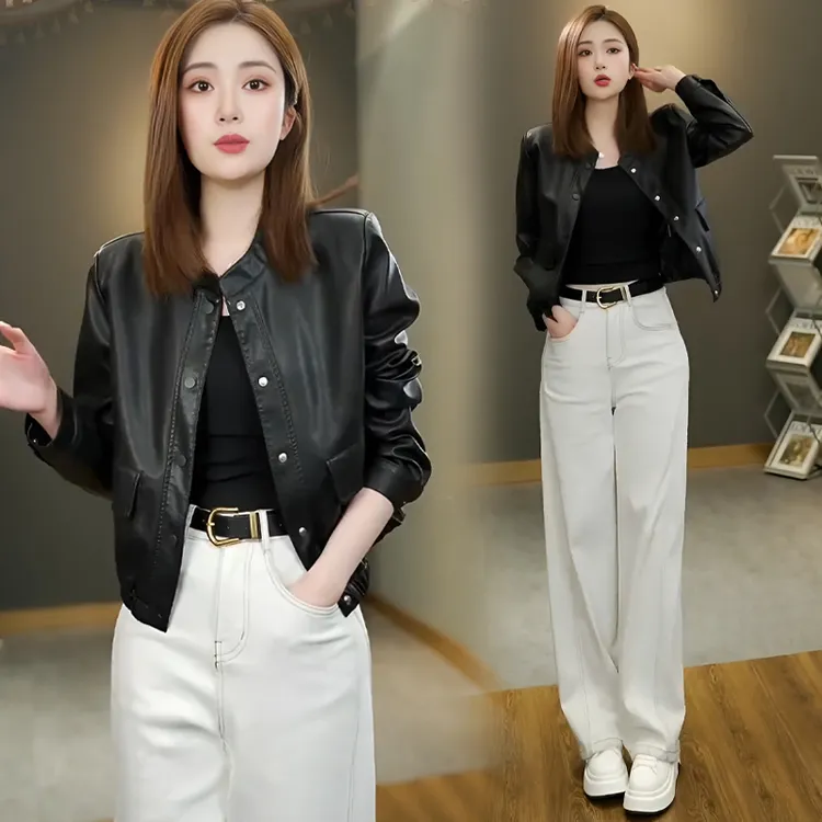 百搭复古立领小皮衣外套女2025春秋新款秋季复古垂感复古中式立领