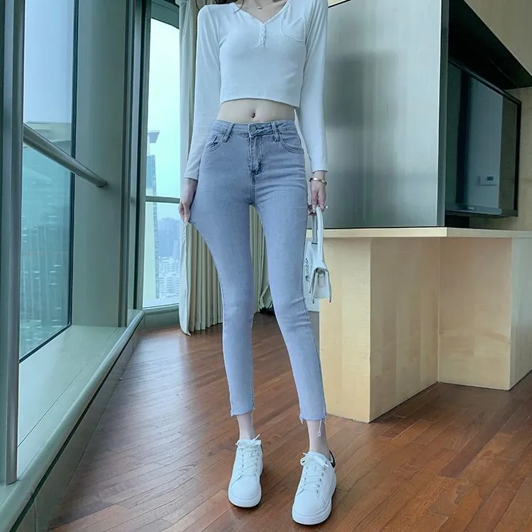 直筒小个子裤子女高腰弹力毛边显瘦紧身小脚裤145矮显高九分裤