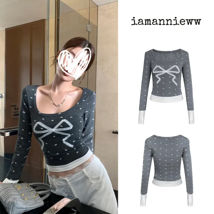 iamannieww秋季女装上衣 洋气假两件显瘦长袖T恤蕾丝蝴蝶结打底衫