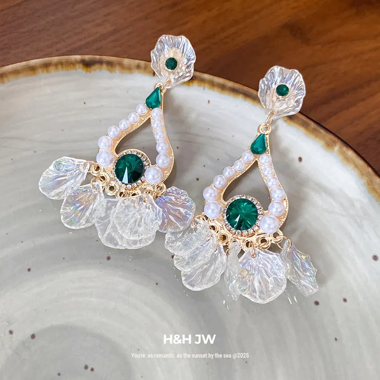 合金仿珍珠耳饰 银针镶钻珍珠水滴镂空流苏耳环海边度假风温柔耳