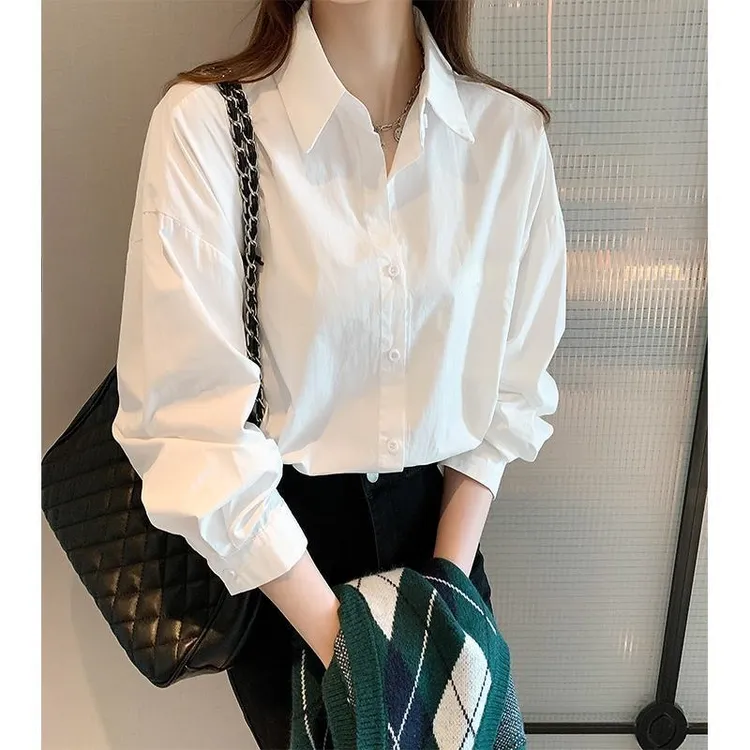 白色纯棉衬衫女新款春秋韩版宽松设计感小众洋气上衣百搭长袖衬衣