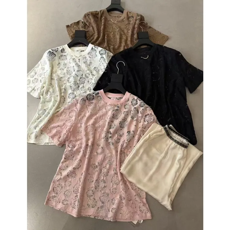 JING2025春夏款01圆领蕾丝镂空短袖T恤女装上衣休闲百搭上衣