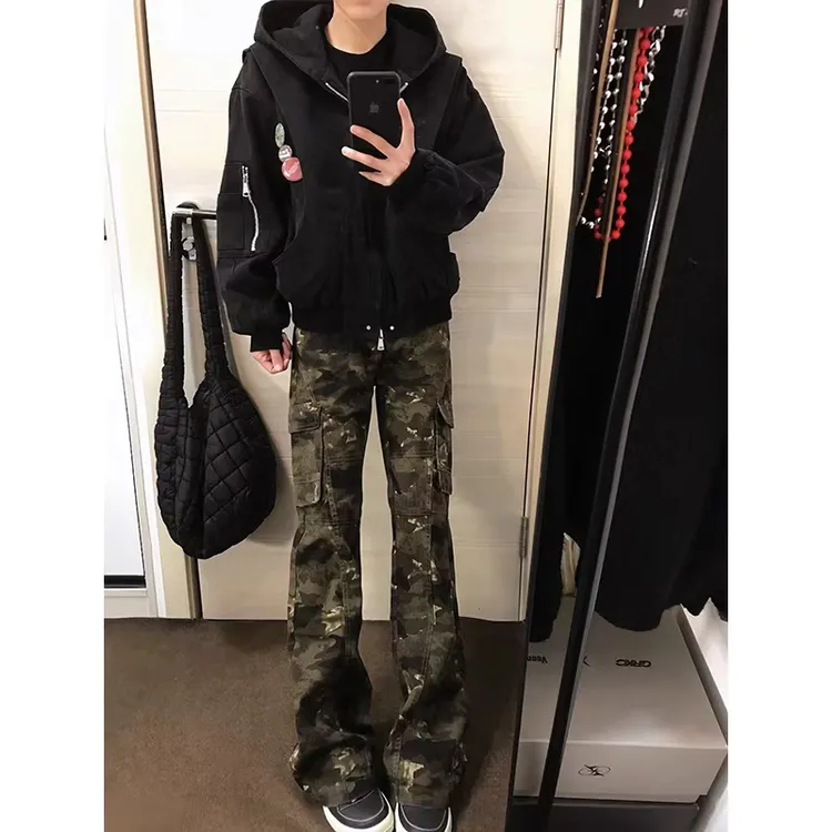 美式高街迷彩工装裤男春秋季hiphop潮牌情侣牛仔裤小众设计感裤子
