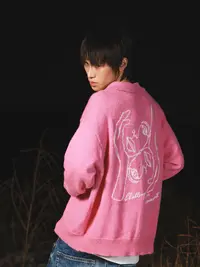 seconart“狩”人脸翻领开衫粉毛衣 马海毛短宽情侣中性软糯毛衣