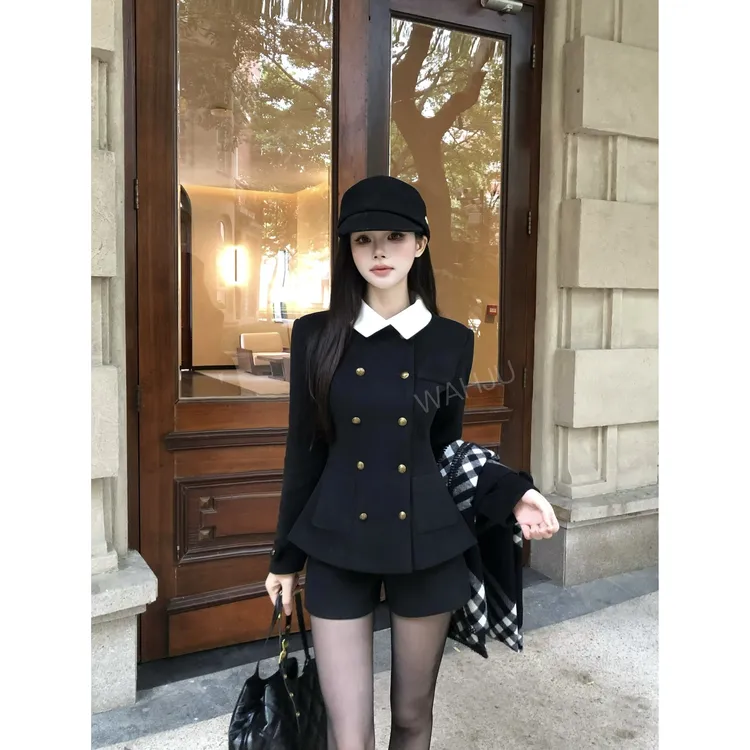 画解WAHJU【绘里子】英伦风双排扣设计翻领拼接毛呢黑色外套0003W