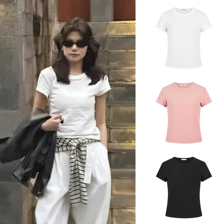 Moses Queen/魔西女王竹节棉正肩显瘦短袖T恤宽松休闲圆领上衣