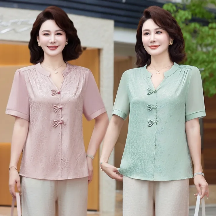 妈妈2025夏季新款中式上衣国风短袖时尚中老年女装衣服气质衬衫