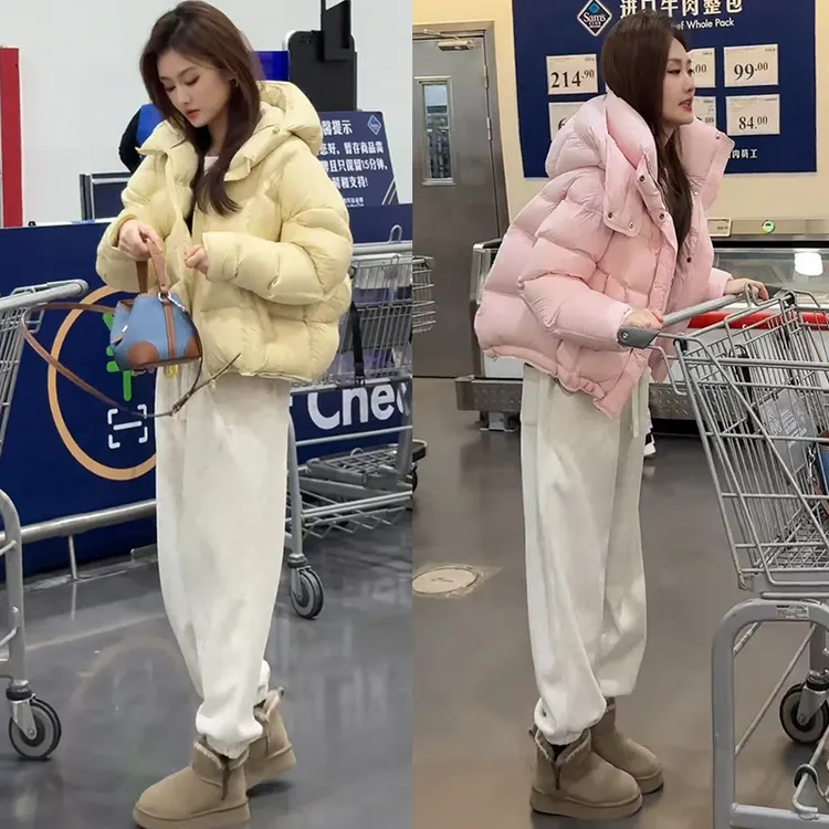 冬装搭配一整套2025年新款简约减龄连帽短款棉服高腰休闲裤两件套