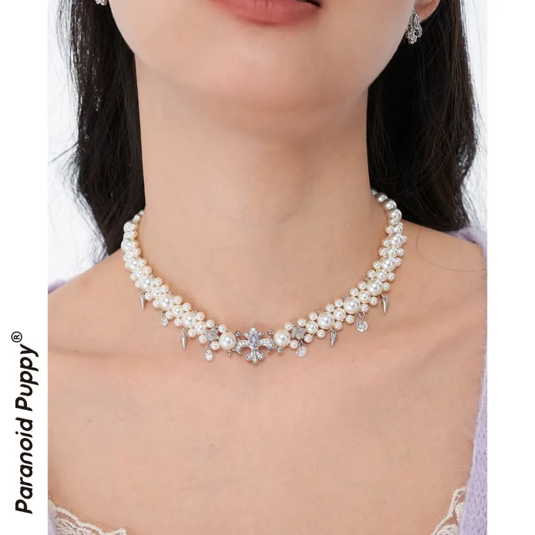 铜合金合成锆石吊坠 《鸢》珍珠项链原创鸢尾花小众choker锁骨链