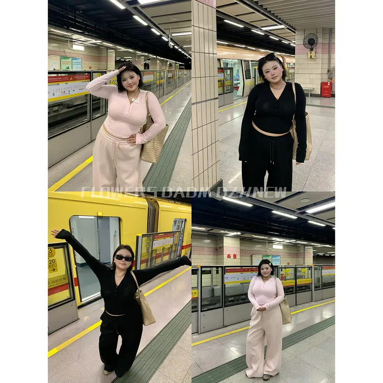 全球花【软妹甜心】大码甜美纯色V领长袖上衣修身显瘦休闲长裤套装