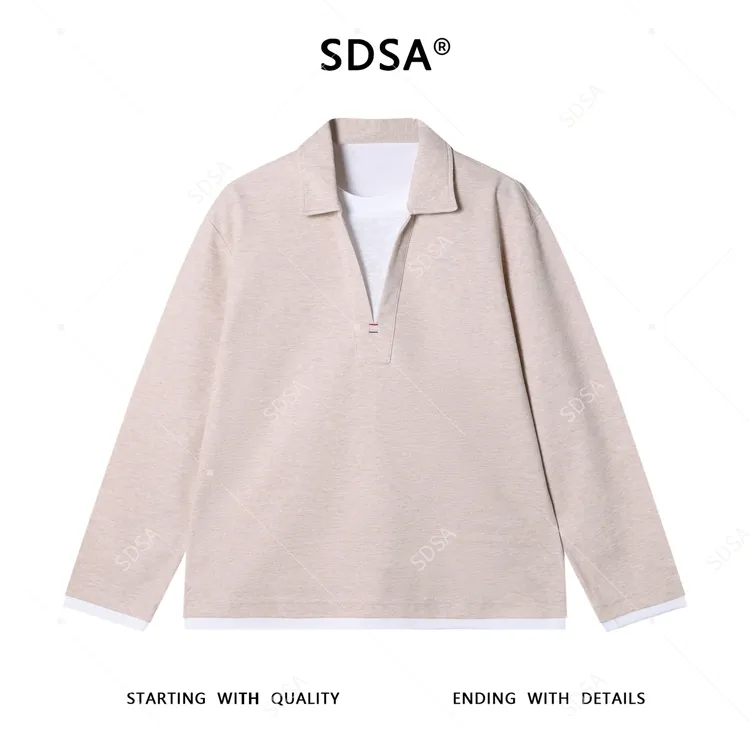 SDSA男士秋冬新款痞帅男装设计感假两件V领长袖T恤纯色休闲风简约