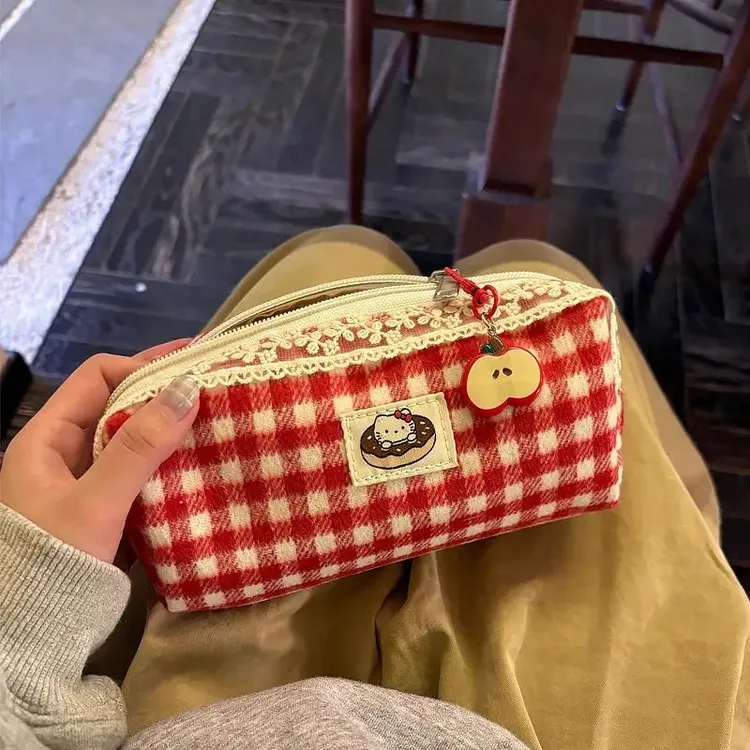 红格子kt猫笔袋简约收纳文具盒大容量可爱初高中女学生包袋文具袋