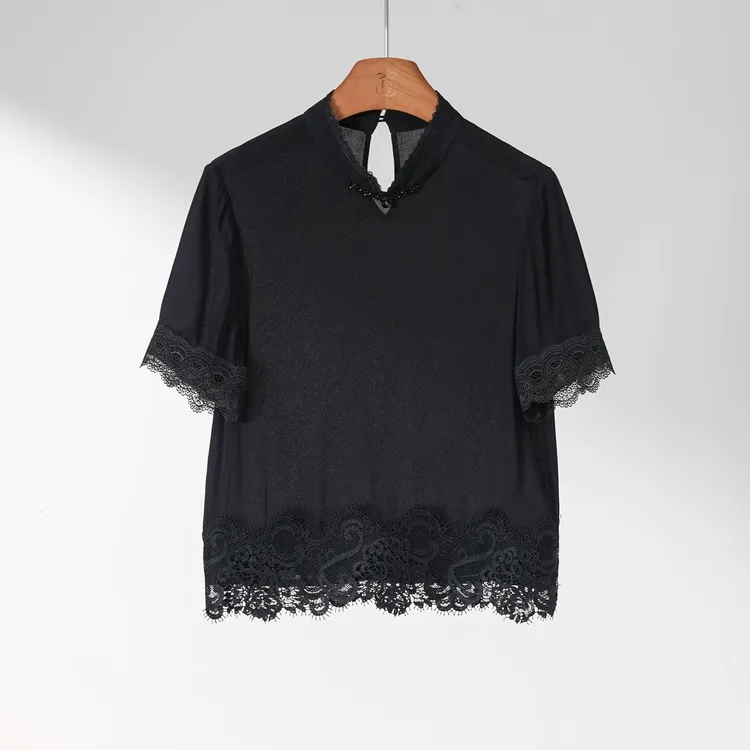 西子/【夜宴舞会】新中式精致盘扣小立领拼接蕾丝黑色上衣/SYHJ038