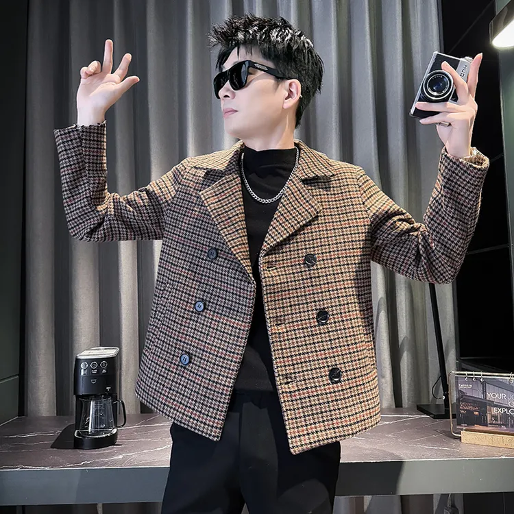 男装格子修身型西装领毛呢厚款秋冬季双排扣外套短款夹克男士春秋