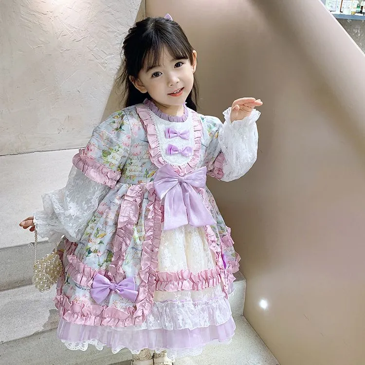 戴维贝拉洛丽塔风格女童公主裙春秋柔软透气材质花朵图案中腰连衣