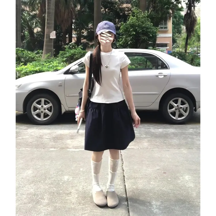 2025夏季新款女韩系穿搭圆领修身短袖t恤上衣百搭高腰显瘦半身裙