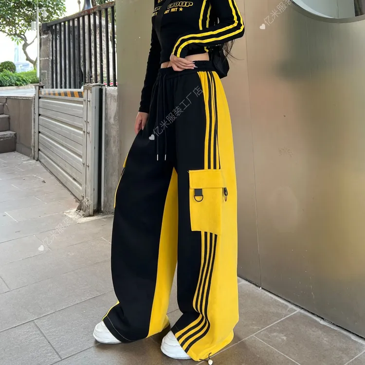 （亿米.定制）冬季美式高腰时尚宽松撞色休闲阔腿工装裤