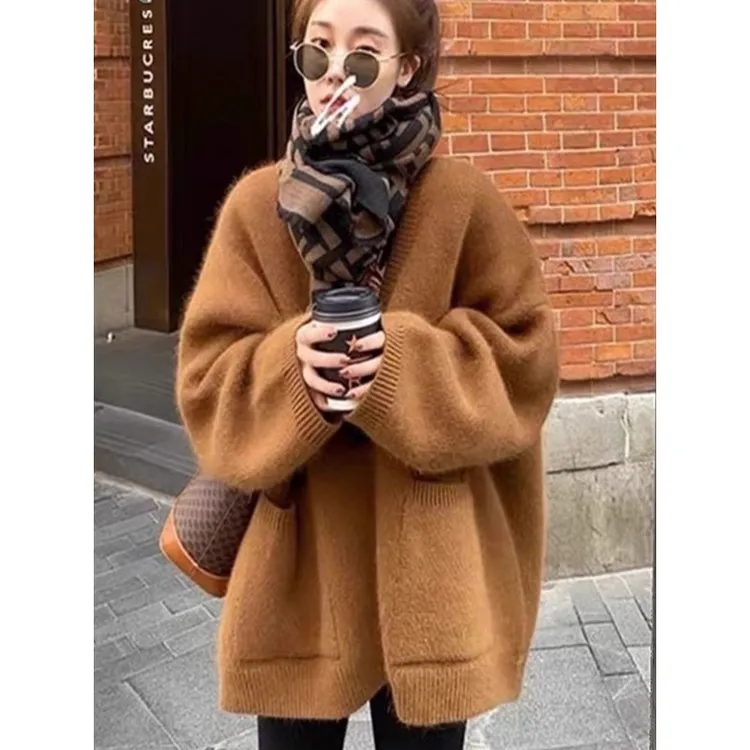 小众炸街高级感女装复古针织毛衣开衫秋冬宽松韩式慵懒风开衫外搭