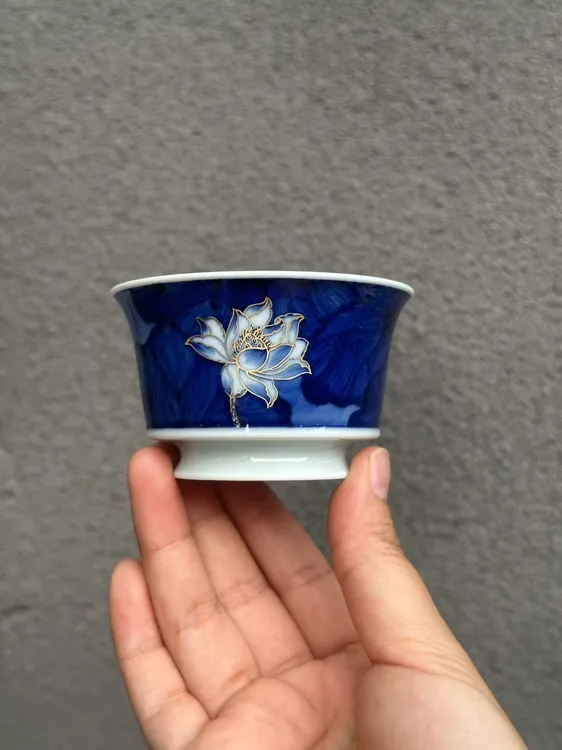自问堂•青花混水加金荷韵马蹄杯主人杯茶杯花纹品茗杯茶具陶瓷