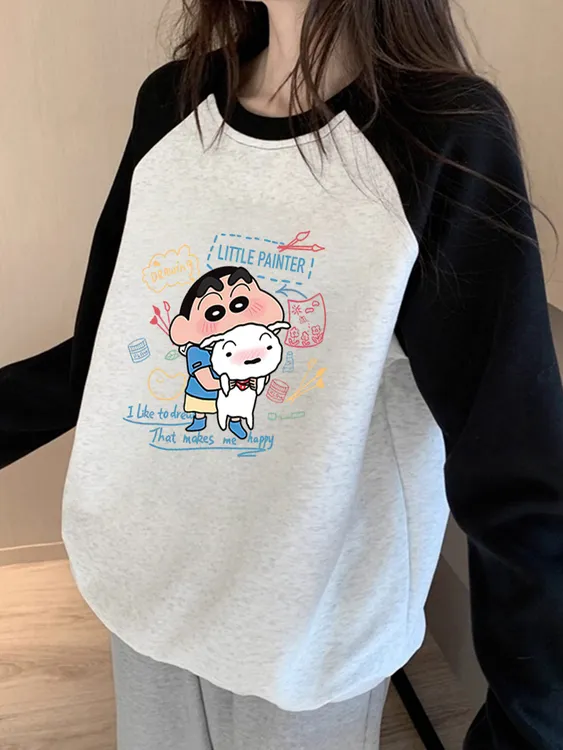 300斤加大码日系潮流蜡笔小新撞色圆领卫衣男女秋冬百搭显瘦外套