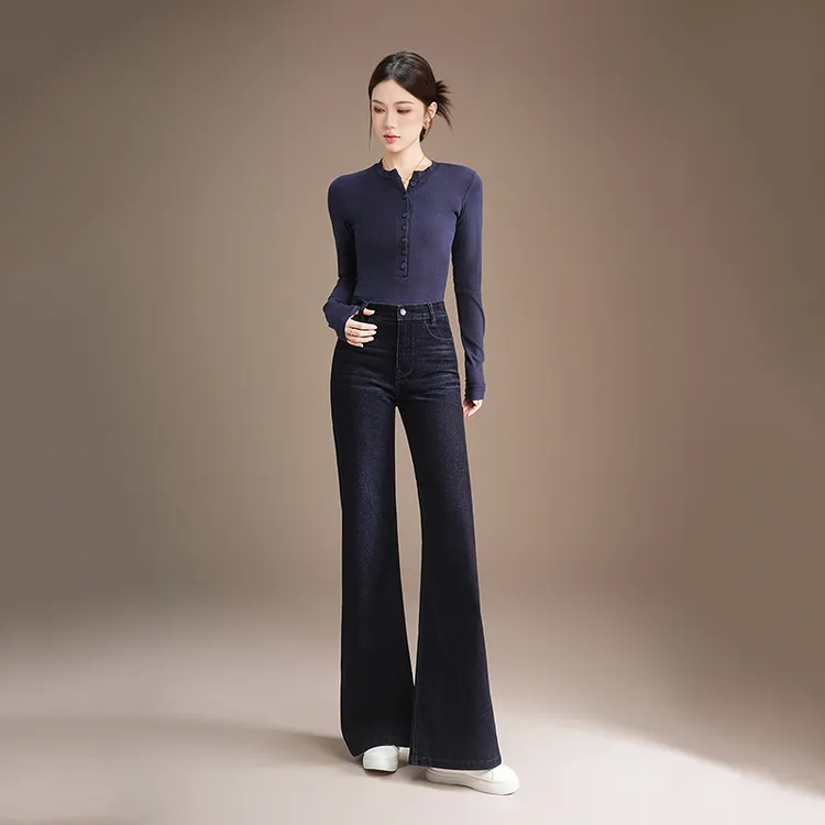 悉妍 2025秋冬高磅重加厚磨毛高定工艺筒叭直筒微喇裤午夜蓝9983