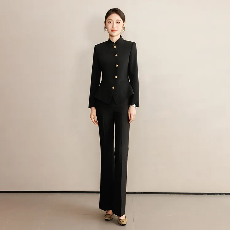 钟老板2025秋季新款黑色新中式西装外套女气质职场通勤西服两件套