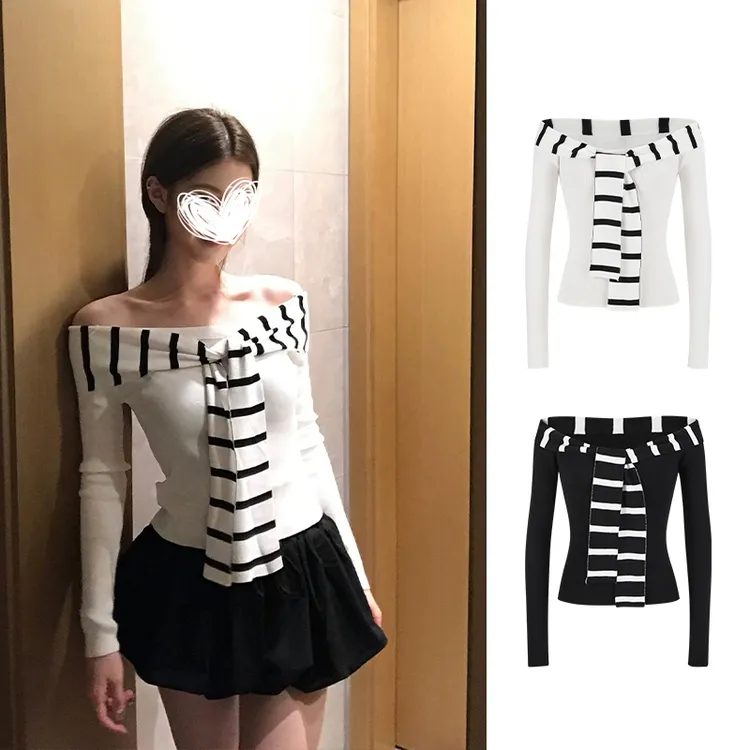 Moses Queen/魔西女王韩系条纹拼接针织衫女水手领一字肩修身上衣