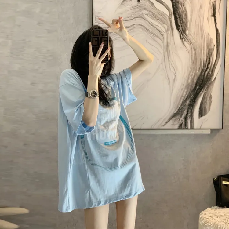 网红洋气炸街女装白色短袖t恤女夏季宽松中长款港风小众上衣薄款