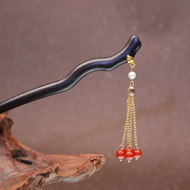 15厘米黑檀木盘发簪子新中式流苏步摇灵动轻奢日常木簪