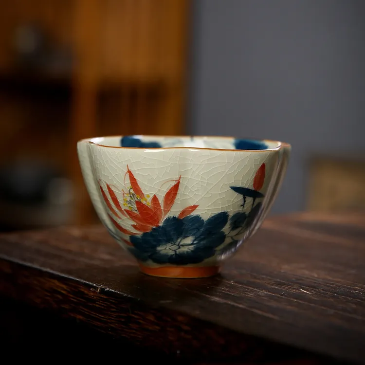 手绘荷花家用主人杯单杯复古青花竹韵品茗杯陶瓷杯功夫茶具茶杯子