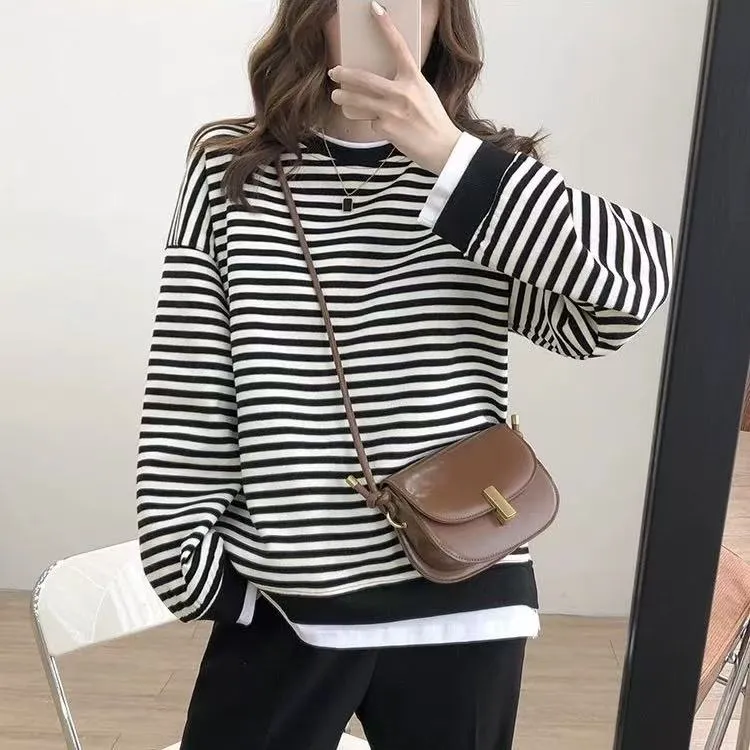 早秋加大加宽显瘦长袖圆领上衣设计感拼接假两件条纹T恤女572264