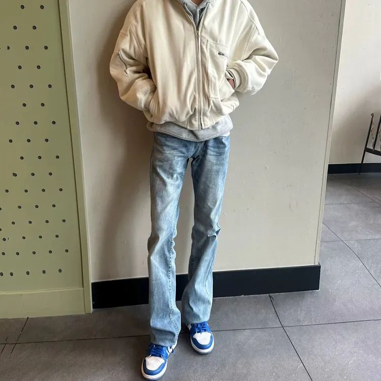 ZLAYCO美式基础款浅蓝高弹力微喇牛仔裤百搭休闲cleanfit长裤子男