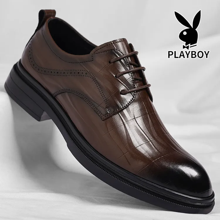 花花公子男士皮鞋真皮商务正装棕色透气休闲皮鞋尖头结婚新郎鞋子