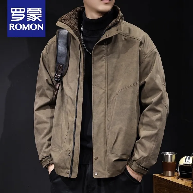 罗蒙羊羔绒外套男秋冬保暖加厚新款男士休闲工装夹克美式棉衣立领