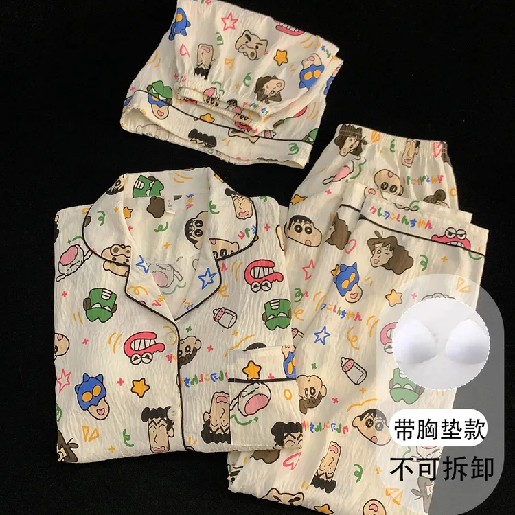 【胸垫版】日系动感超人带胸垫睡衣女夏季短袖可爱小新三件套家居服