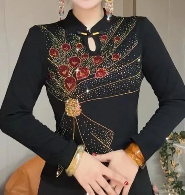 【多色花束盘扣】加绒打底衫内搭时尚烫钻上衣显瘦长袖