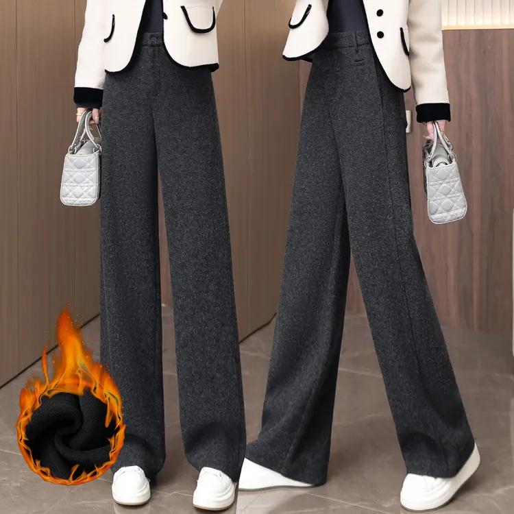 羊毛呢阔腿裤女秋冬2025新款加绒加厚高腰显瘦垂感保暖直筒休闲裤