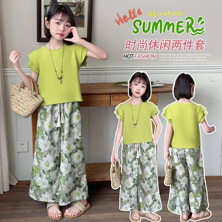女童韩版套装夏季爆款中大童短袖t恤阔腿裤两件套儿童洋气防蚊裤