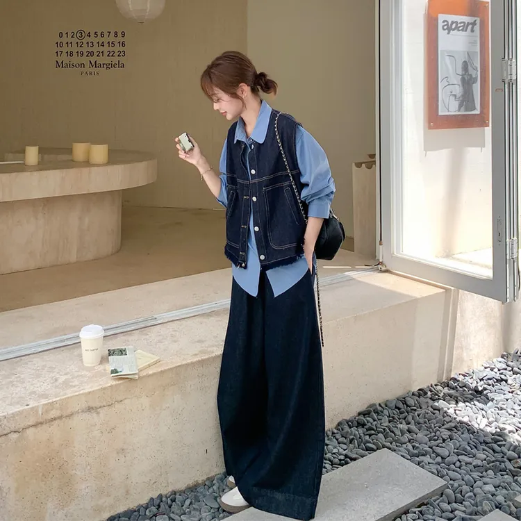复古松弛感牛仔马甲衬衫阔腿裤套装2025春秋新韩系风通勤三件套